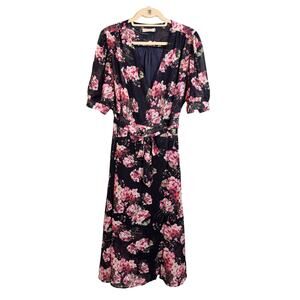 CLASSMATE Dress Womens 3XL Plus Wrap Floral Plus V-Neck Sheer Puff Sleeve Pink